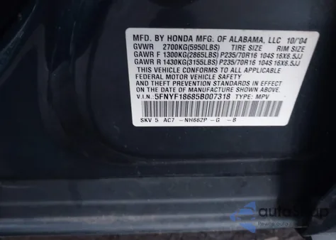 2005 Honda Pilot Ex-L z USA, uszkodzony, nr VIN 5FNYF18685B007318